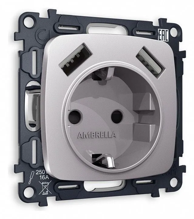 Розетка с заземлением и 2хUSB type A, без рамки Ambrella Volt OMEGA MO509010