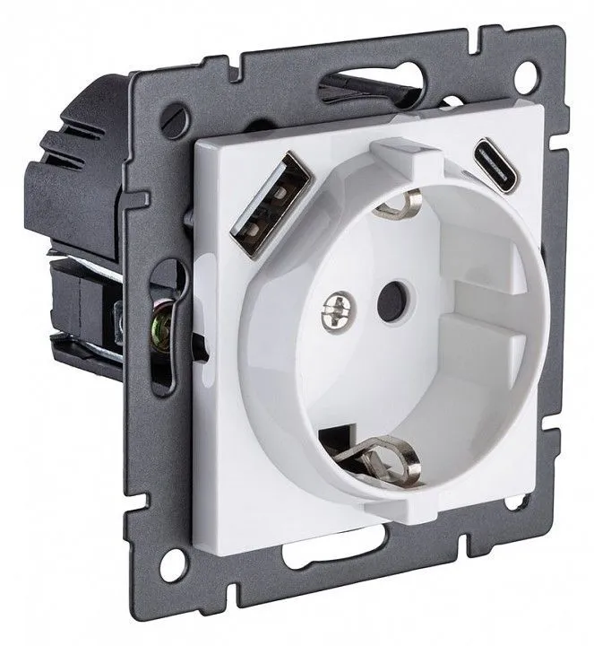 Розетка с заземлением и со шторкой и 2хUSB type A и C, без рамки Kollinger  REA-004WH