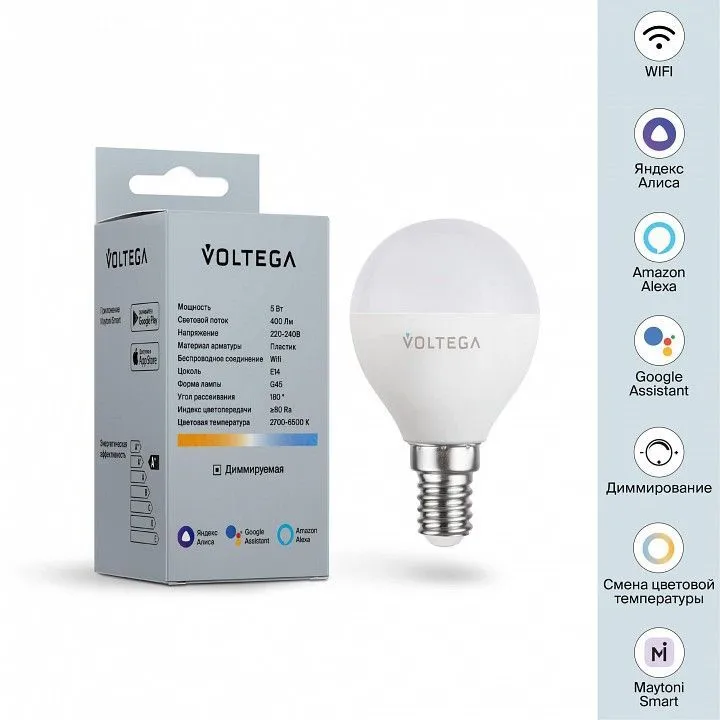 Лампа светодиодная с управлением через Wi-Fi Voltega Умные лампы (Wi-Fi) E14 5Вт 2700-6500K 2428
