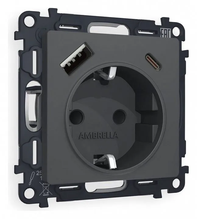 Розетка с заземлением и 2хUSB type A и C, без рамки Ambrella Volt ALFA MA910010