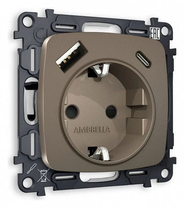 Розетка с заземлением и 2хUSB type A и C, без рамки Ambrella Volt OMEGA MO640010