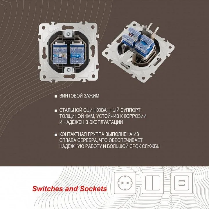 Розетка двойная RJ-11 и Ethernet RJ-45, без рамки Arte Milano am-205 205.44-1.shampan