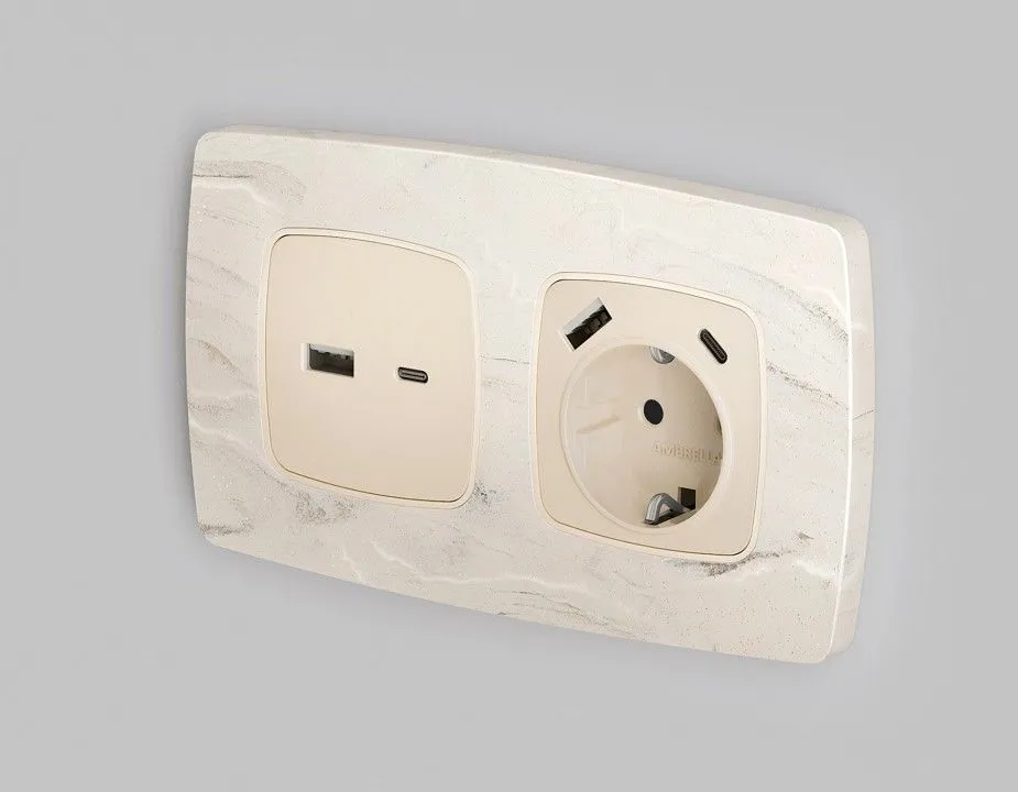 Накладка для розетки с заземлением и со шторками и 2хUSB type A и C Ambrella Volt OMEGA OP3300
