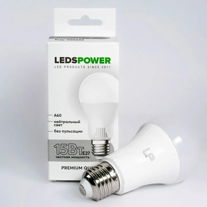 Лампа светодиодная LEDS POWER A60 E27 15Вт 4000K 006659