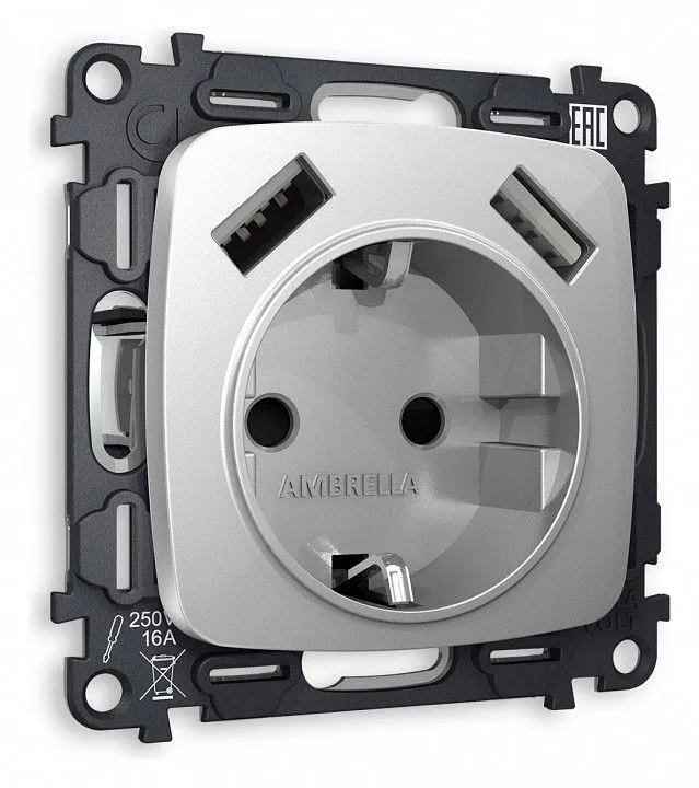 Розетка с заземлением и 2хUSB type A, без рамки Ambrella Volt OMEGA MO409010