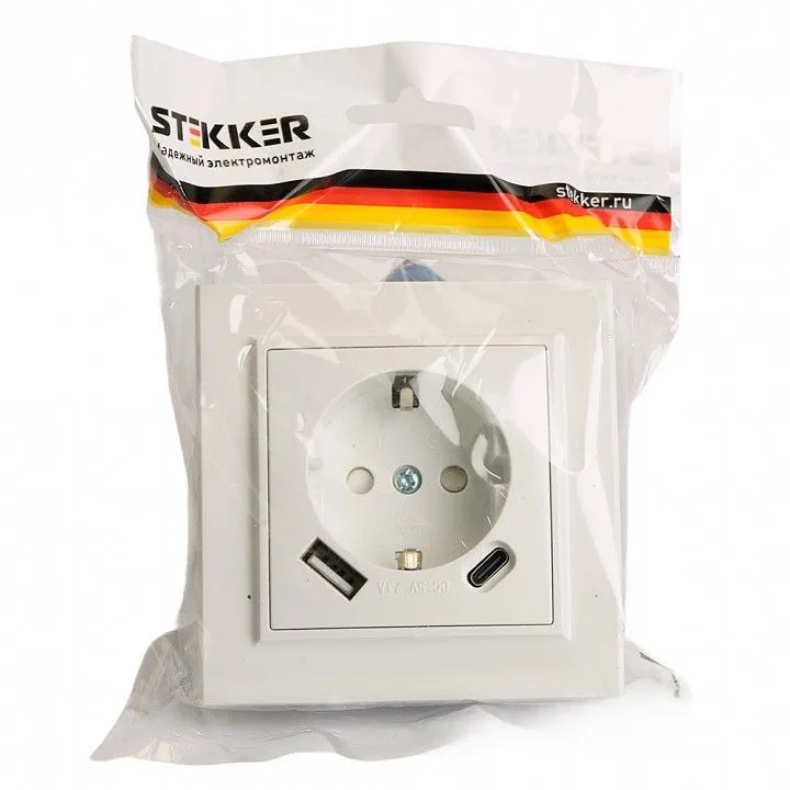 Розетка с заземлением и 2хUSB type A и C Stekker Эрна 50076