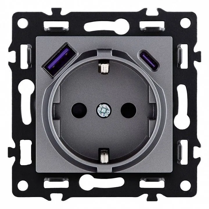 Розетка с заземлением и со шторкой и 2хUSB type A и C, без рамки Kollinger Asthetik AS-016GY