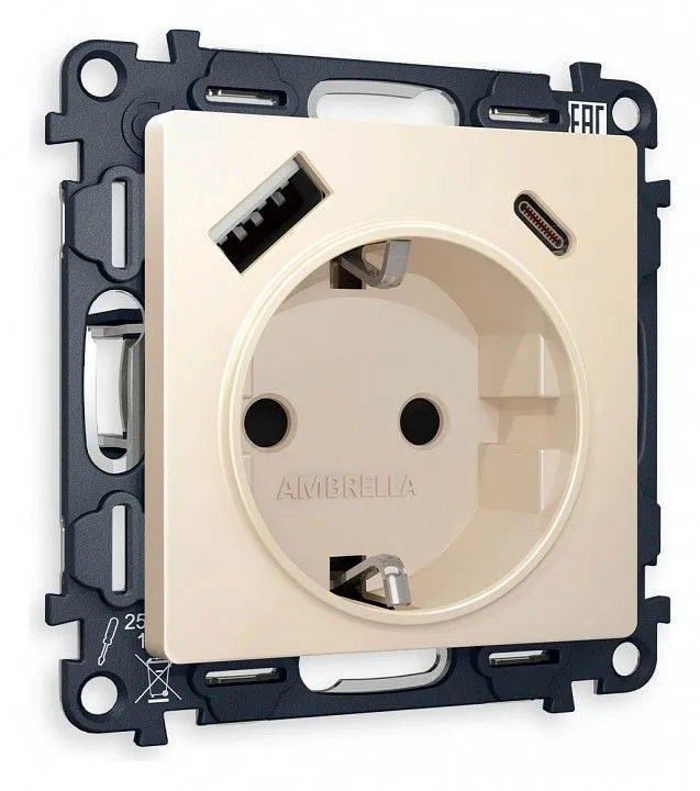 Розетка с заземлением и 2хUSB type A и C, без рамки Ambrella Volt ALFA MA330010