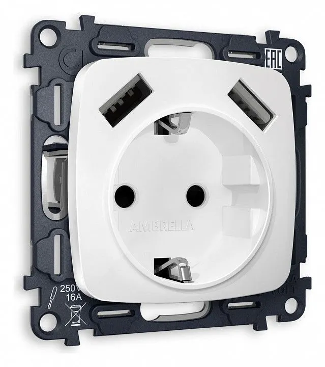 Розетка с заземлением и 2хUSB type A, без рамки Ambrella Volt OMEGA MO129010