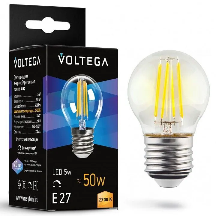 Лампа светодиодная Voltega шар (Globe) диммируемая 10Вт E27 5Вт 2700K 7201