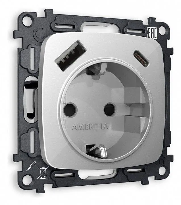 Розетка с заземлением и 2хUSB type A и C, без рамки Ambrella Volt OMEGA MO410010