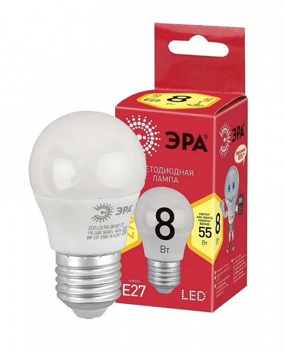 Лампа светодиодная Эра  E27 8Вт 2700K ECO LED P45-8W-827-E27 R