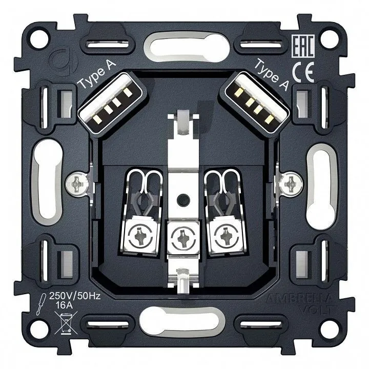 Механизм розетки с заземлением и 2хUSB type A Ambrella Volt QUANT VM155