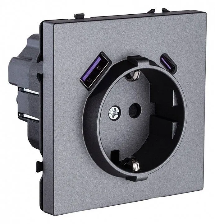 Розетка с заземлением и со шторкой и 2хUSB type A и C, без рамки Kollinger Eclipse EC-016GY
