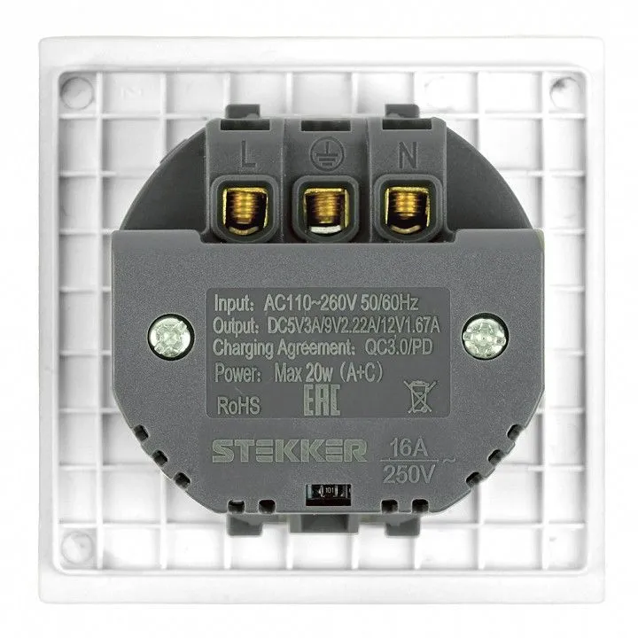 Розетка с заземлением и со шторкой и 2хUSB type A и C, без рамки Stekker Мия 50438