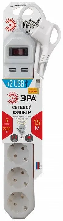 Удлинитель с выключателем Эра  USF-5es-1.5m-USB-W