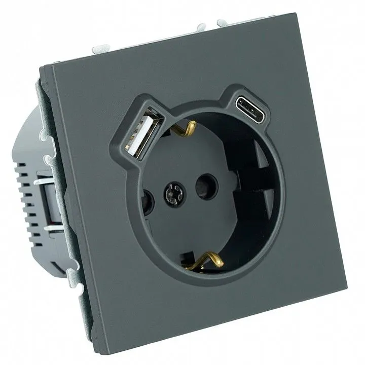 Розетка с заземлением и со шторкой и 2хUSB type A и C, без рамки Stekker Эмили 50218