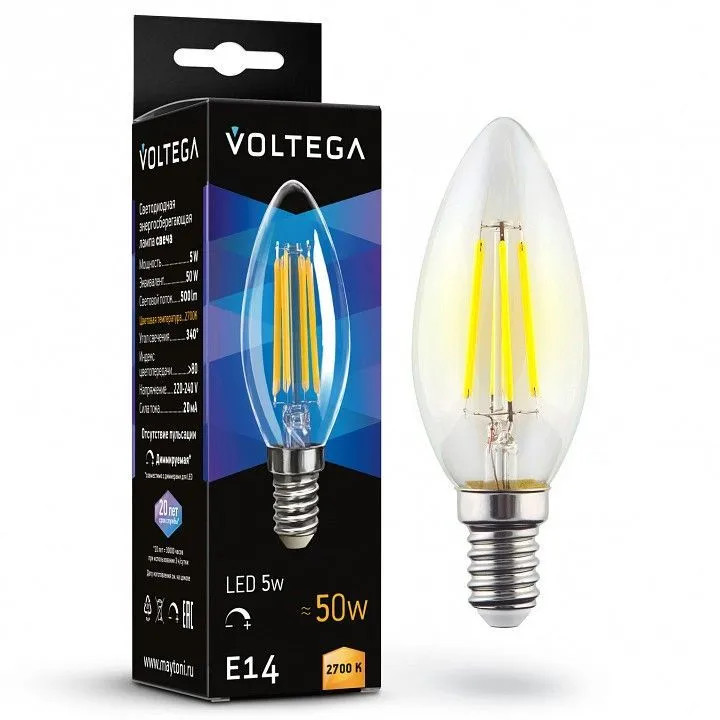 Лампа светодиодная Voltega свеча диммируемая (Candle dim) 5Вт E14 5Вт 2700K 7199