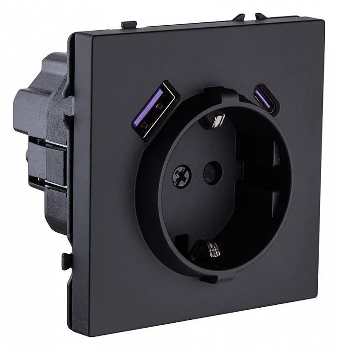 Розетка с заземлением и со шторкой и 2хUSB type A и C, без рамки Kollinger Eclipse EC-016BK
