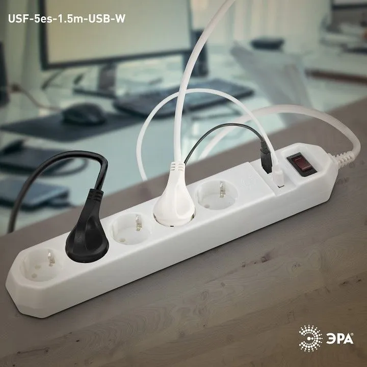 Удлинитель с выключателем Эра  USF-5es-1.5m-USB-W