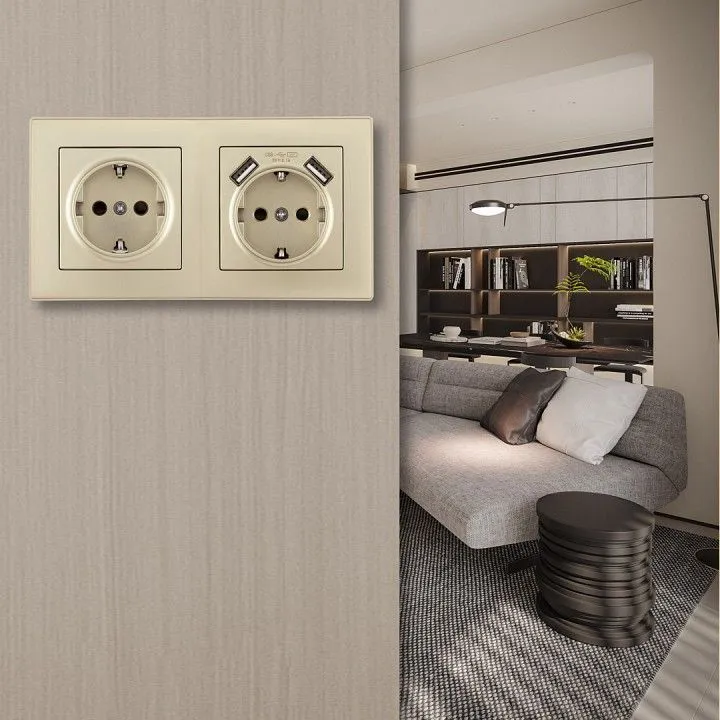 Розетка с заземлением и со шторкой и 2хUSB Arte Milano SET06-2 SET06-2-47-1-40-1 shampan