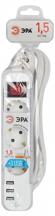 Удлинитель с выключателем Эра  U-3es-1,5m-USB