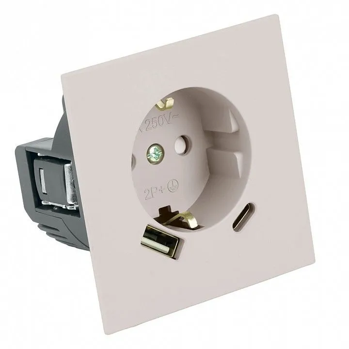Розетка с заземлением и со шторкой и 2хUSB type A и C, без рамки Stekker Мия 50482