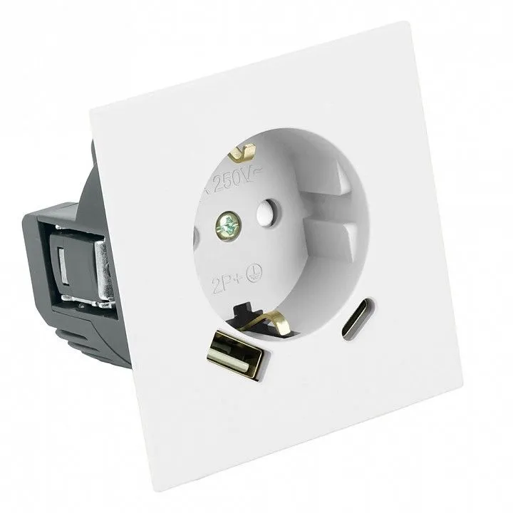 Розетка с заземлением и со шторкой и 2хUSB type A и C, без рамки Stekker Мия 50438