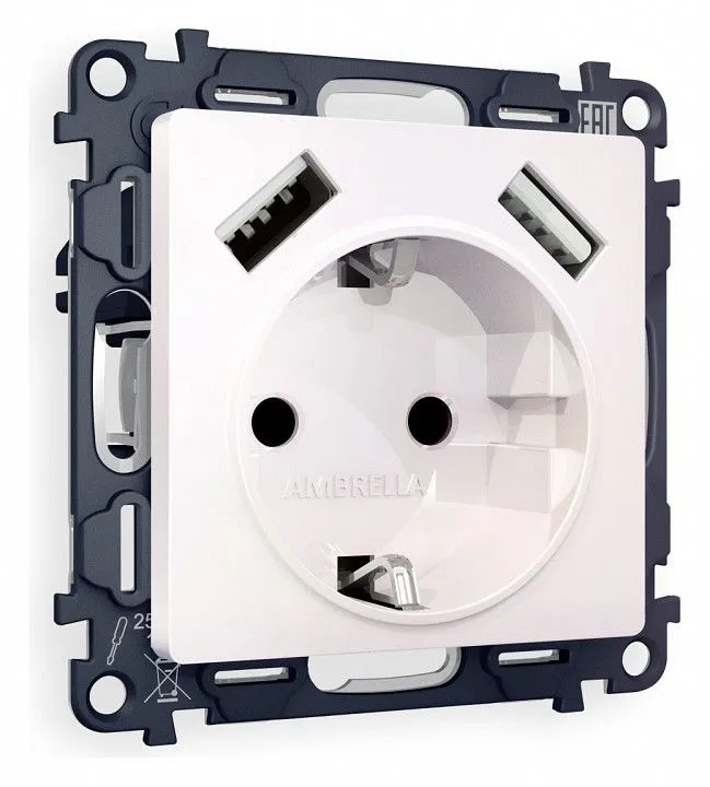 Розетка с заземлением и со шторкой и 2хUSB type A, без рамки Ambrella Volt ALFA MA209010