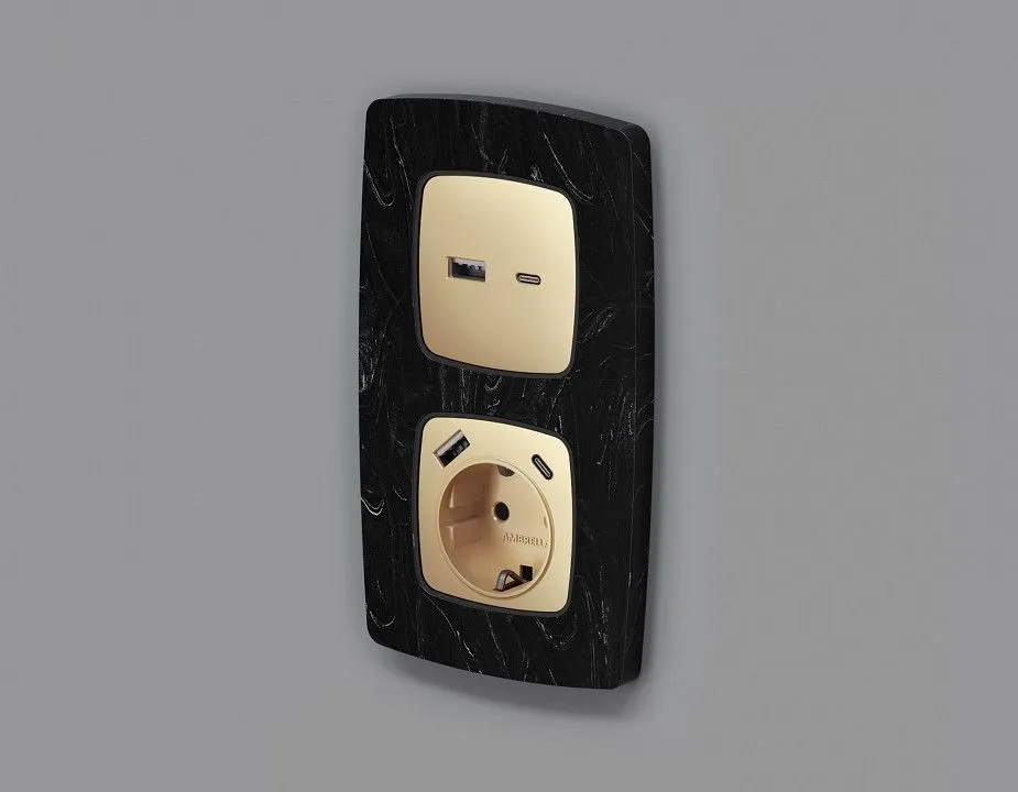Накладка для розетки с заземлением и со шторками и 2хUSB type A и C Ambrella Volt OMEGA OP6100