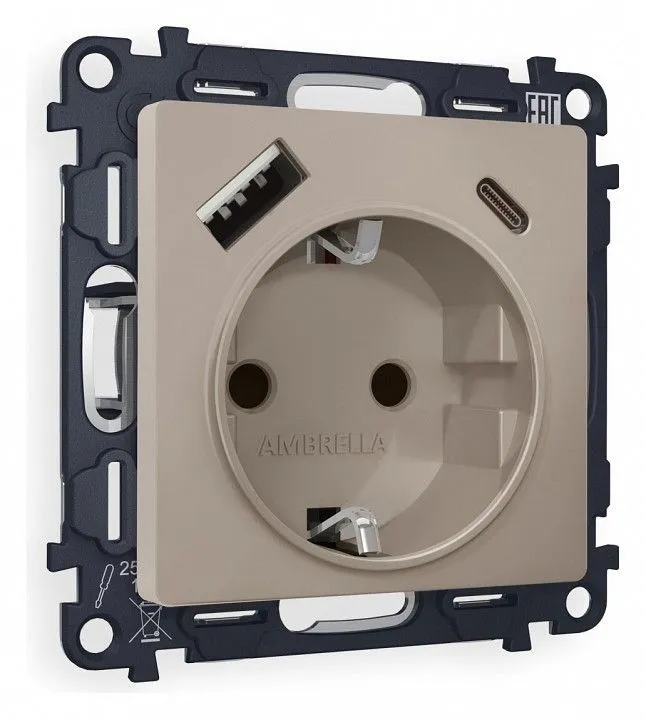Розетка с заземлением и 2хUSB type A и C, без рамки Ambrella Volt ALFA MA370010