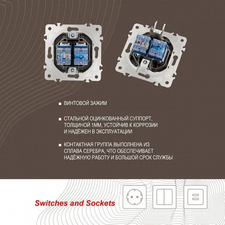 Розетка двойная RJ-11 и Ethernet RJ-45, без рамки Arte Milano am-203 203.44-1.shampan