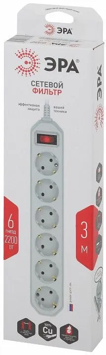 Удлинитель с выключателем Эра  USF-6es-3m-W-BOX
