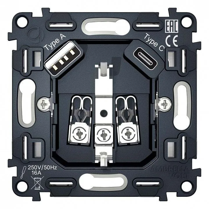 Механизм розетки с заземлением и 2хUSB type A и C Ambrella Volt QUANT VM160