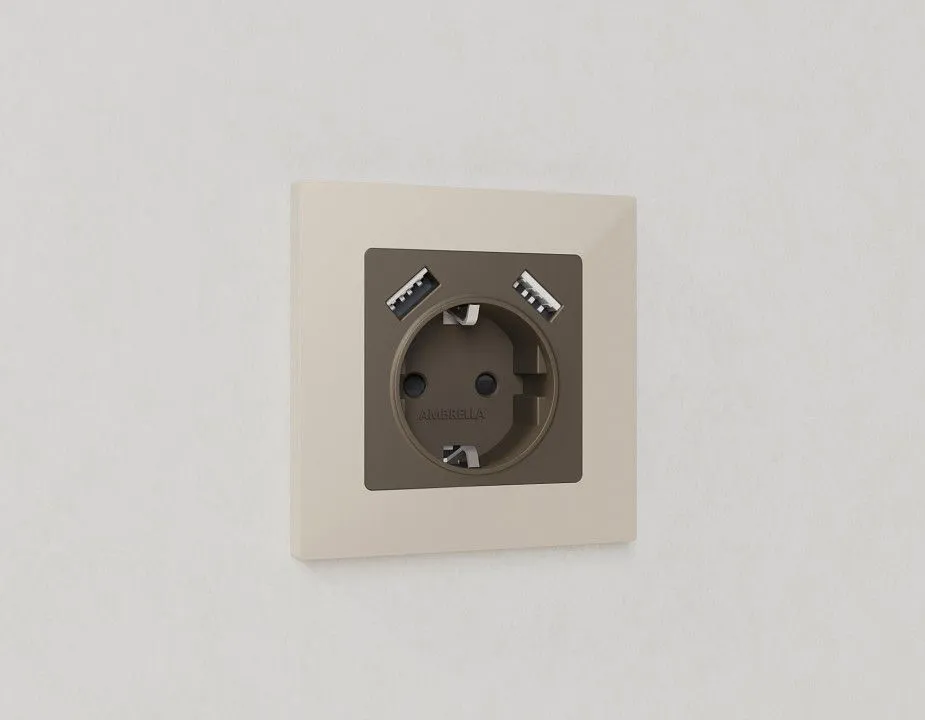 Накладка для розетки с заземлением и со шторками и 2хUSB type A Ambrella Volt ALFA AP6390