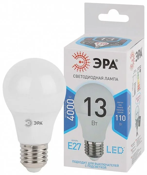 Лампа светодиодная Эра Стандарт E27 13Вт 4000K LED A60-13W-840-E27