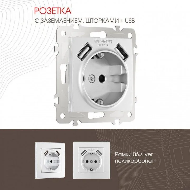Розетка с заземлением и со шторкой и 2хUSB, без рамки Arte Milano am-206 206.47-1.silver