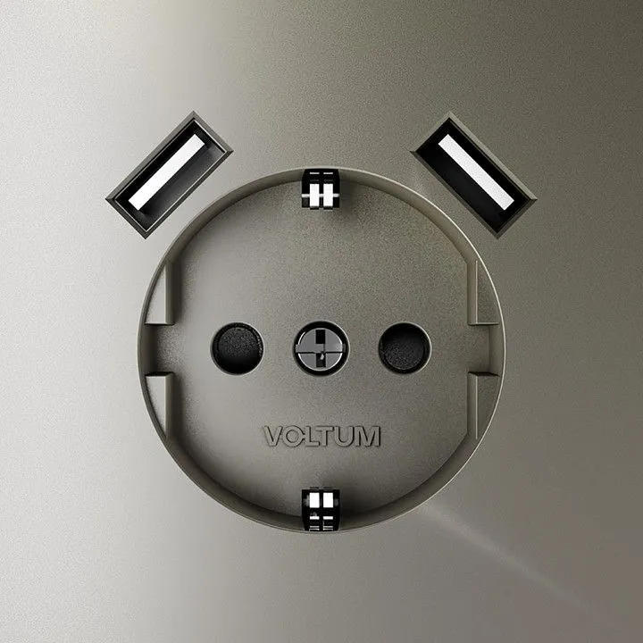 Розетка с заземлением и со шторкой и 2хUSB type A, без рамки Voltum S70 VLS040404