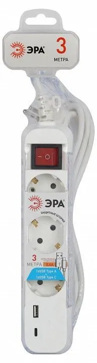 Удлинитель с выключателем Эра  UB-3es-3m-USB
