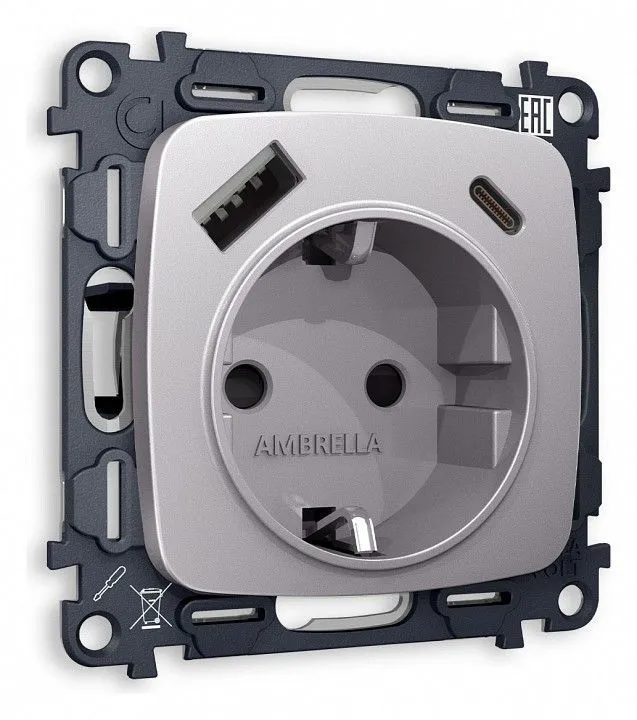 Розетка с заземлением и 2хUSB type A и C, без рамки Ambrella Volt OMEGA MO510010