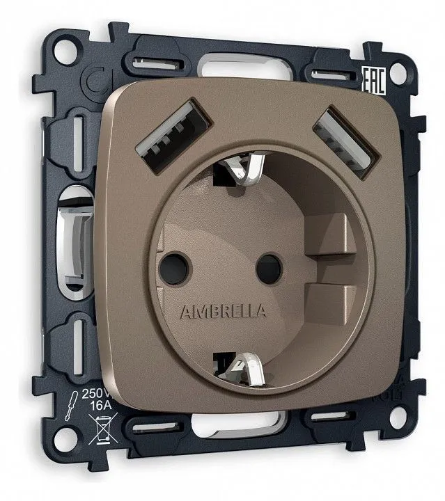 Розетка с заземлением и 2хUSB type A, без рамки Ambrella Volt OMEGA MO639010