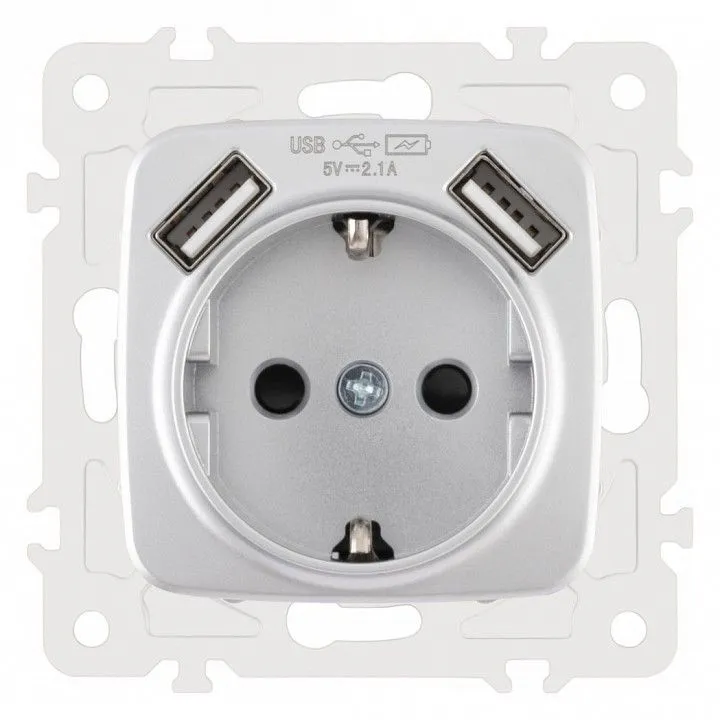 Розетка с заземлением и со шторкой и 2хUSB, без рамки Arte Milano am-205 205.47-1.silver