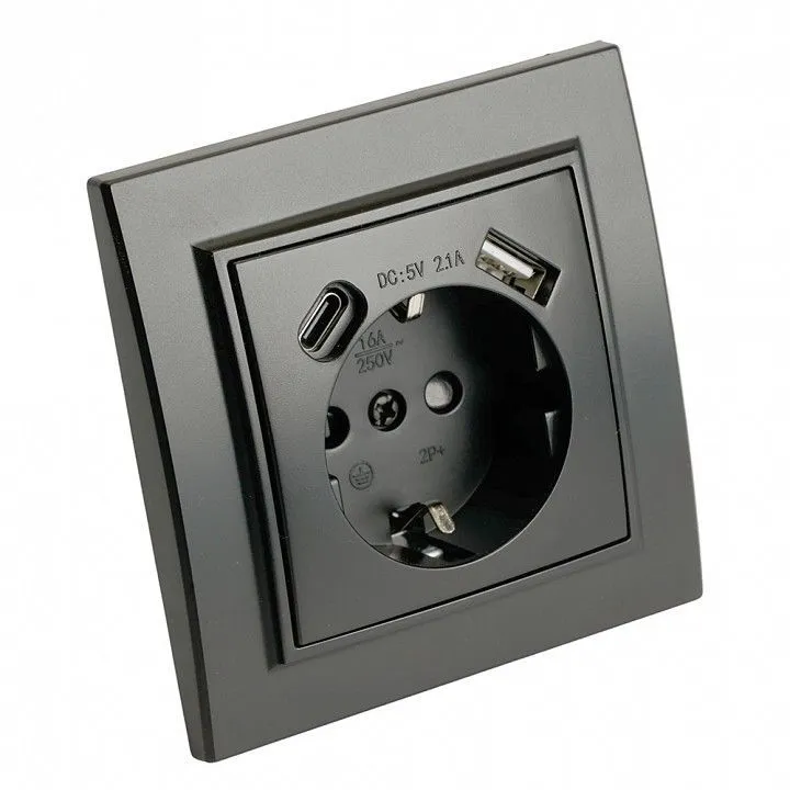 Розетка с заземлением и 2хUSB type A и C, без рамки Stekker Эрна 50078