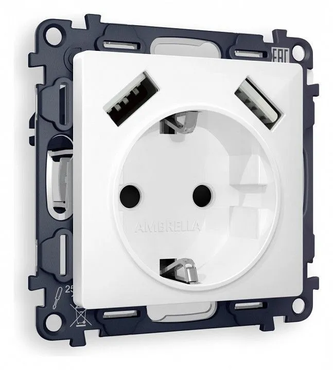 Розетка с заземлением и со шторкой и 2хUSB type A, без рамки Ambrella Volt ALFA MA109010