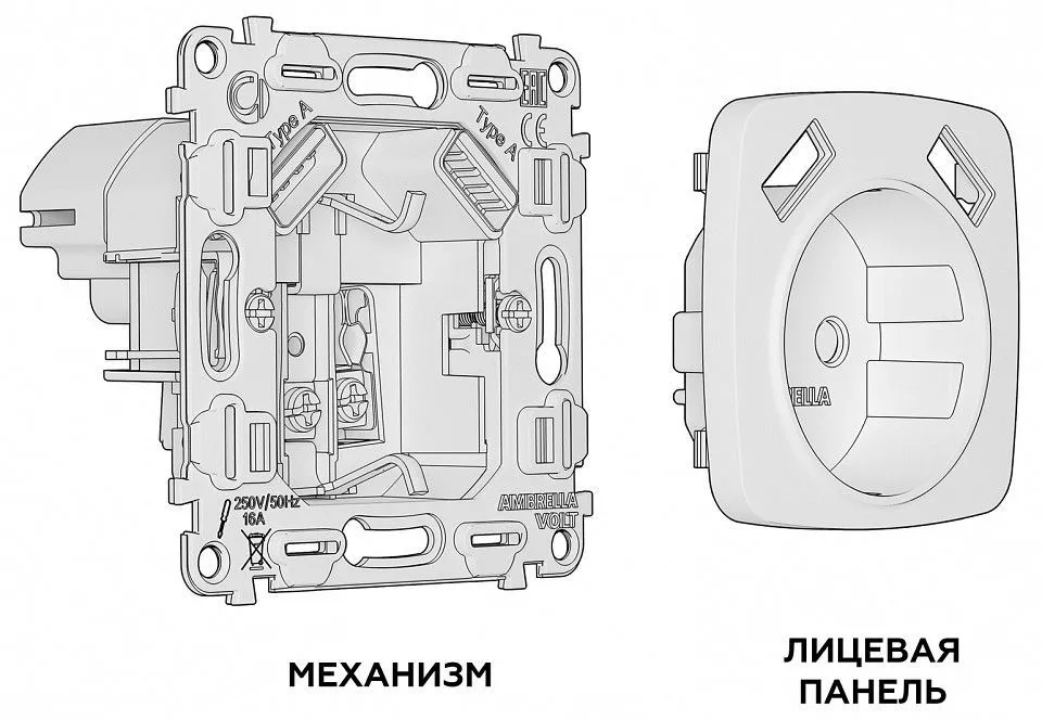 Розетка с заземлением и 2хUSB type A, без рамки Ambrella Volt OMEGA MO109010