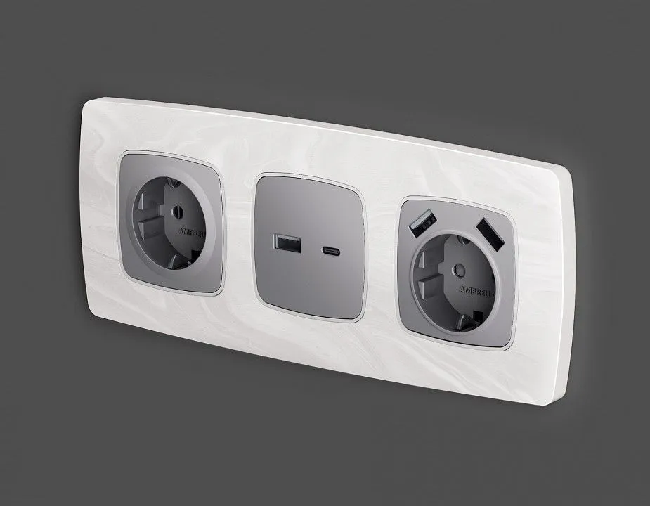 Накладка для розетки с заземлением и со шторками и 2хUSB type A Ambrella Volt OMEGA OP5090