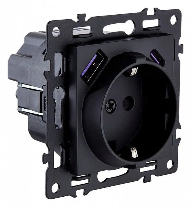 Розетка с заземлением и со шторкой и 2хUSB type A и C, без рамки Kollinger Asthetik AS-016BK