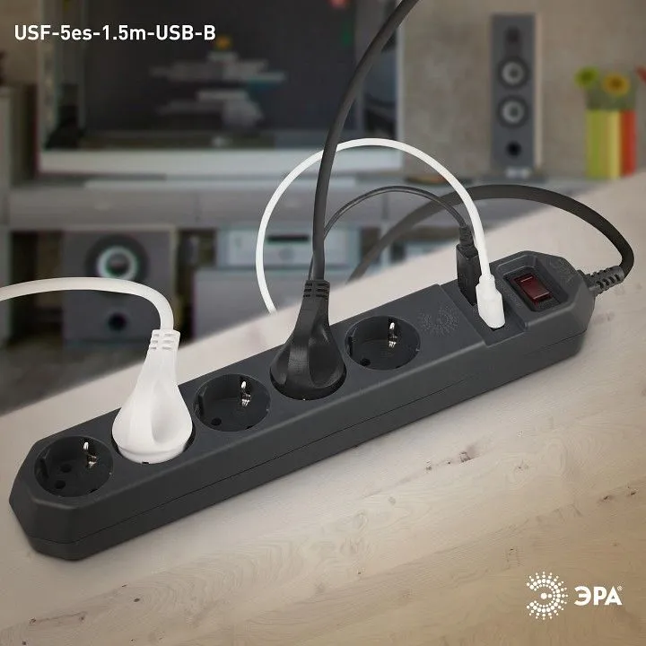 Удлинитель с выключателем Эра  USF-5es-1.5m-USB-B
