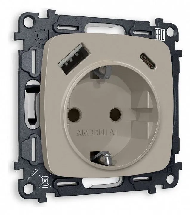 Розетка с заземлением и 2хUSB type A и C, без рамки Ambrella Volt OMEGA MO370010