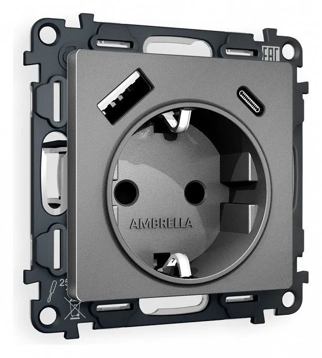 Розетка с заземлением и 2хUSB type A и C, без рамки Ambrella Volt ALFA MA660010